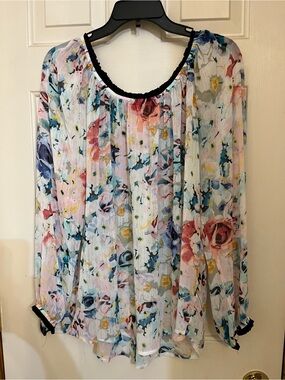 Sunny Leigh Sheer Floral Blouse - White with Pink, Blue, Yellow